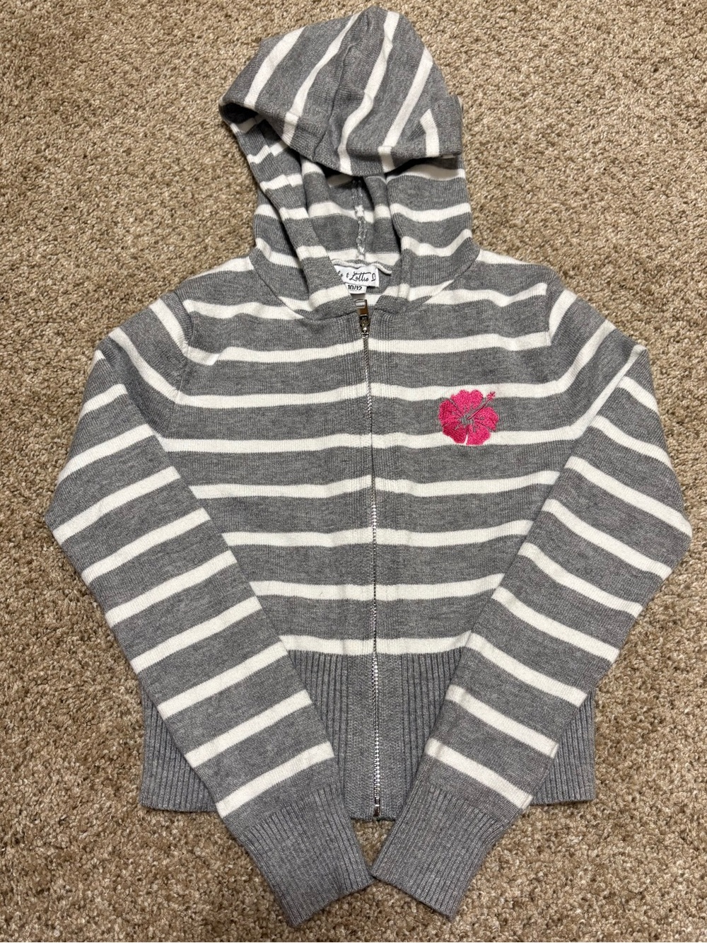 Girls' Gray & White Striped Hooded Zip Sweatshirt with Pink Floral Accent